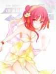  1girl breasts dancer flower hair_ornament harem_outfit looking_at_viewer magi_the_labyrinth_of_magic mikazuki_tenma morgiana navel ponytail red_eyes redhead side_ponytail solo 