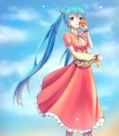  1girl apple blue_eyes blue_hair clouds dress flower food fruit gloves hair_flower hair_ornament hatsune_miku highres long_hair mushoku sky solo twintails very_long_hair vocaloid 