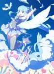  1girl absurdres arm_up bird blue_eyes blue_hair blue_legwear blue_skirt castle clouds creature crown cure_princess flying happinesscharge_precure! highres long_hair magical_girl mini_crown necktie payot pokemon pokemon_(creature) precure senba_hikari shirayuki_hime shoes skirt sky smile solo swablu thighhighs twintails wings wrist_cuffs 