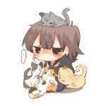  ... 1girl animal_on_head blush brown_hair cat cat_on_head chibi flat_chest kaga_(kantai_collection) kantai_collection lowres ponytail rebecca_(keinelove) school_uniform serafuku simple_background sitting solo too_many_cats white_background 