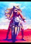  1girl animal_hat blue_eyes bodysuit boyaking brown_hair cat_hat eyepatch hat long_hair motor_vehicle motorcycle neon_genesis_evangelion orange_hair shikinami_asuka_langley solo souryuu_asuka_langley vehicle 