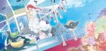  1girl bare_shoulders barefoot bird coral dolphin dress fish free! happy hatsumi_(mdr323) highres long_hair matsuoka_gou merry-go-round ocean orca penguin ponytail red_eyes redhead shark sitting smile 