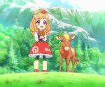  1girl aikatsu! brown_hair calf child cow drill_hair flower grass himesato_maria long_hair mountain screencap solo tail_ribbon tree violet_eyes 