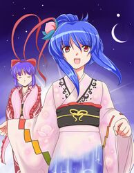  2girls blue_hair bow closed_eyes crescent_moon flx food fruit hair_bow hinanawi_tenshi japanese_clothes kimono moon multiple_girls nagae_iku no_hat open_mouth peach purple_hair sky smile star_(sky) starry_sky touhou 