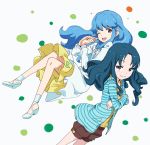  2girls ;d blue_eyes blue_hair crossed_arms dress happinesscharge_precure! heartcatch_precure! highres hoodie kurumi_erika long_hair makacoon multiple_girls open_mouth precure shirayuki_hime shorts smile striped_hoodie wink 