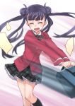  1girl bag black_legwear bow closed_eyes double_bun komadori_renge long_hair matsuryuu open_mouth papers plaid plaid_skirt purple_hair school_bag school_uniform sekai_seifuku:_bouryaku_no_zvezda skirt solo twintails 