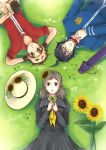  1boy 2girls atsui_chishio badge black_hair black_skirt brown_eyes brown_hair choker circle_formation clover flower from_above glasses grass gyakuten_saiban gyakuten_saiban_5 hair_flower hair_ornament hairband hat hat_removed headwear_removed highres kinhel lying morizumi_shinobu multiple_girls school_uniform shizuya_rei short_hair skirt smile sunflower uniform 