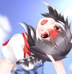  1girl blue_sky bow bust clouds fang horns kijin_seija layered_dress leaning_back looking_at_viewer multicolored_hair open_mouth red_eyes short_sleeves sky solo touhou yista 