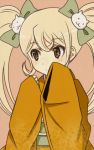  1girl blonde_hair blush bow brown_eyes dangan_ronpa hair_bow hijiri_ruka japanese_clothes kimono long_hair lowres saionji_hiyoko simple_background solo super_dangan_ronpa_2 twintails 