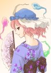  1girl abo_(hechouchou) blush fan ghost hat hitodama japanese_clothes kimono looking_back pink_eyes pink_hair saigyouji_yuyuko solo touhou 