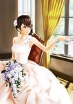  1girl bouquet brown_hair dress flower highres hkn_(ringya) jewelry kaga_(kantai_collection) kantai_collection necklace ring short_hair side_ponytail smile solo_focus wedding_dress 