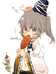  2girls blush corndog eating food food_on_face green_hair grey_eyes head_bump ketchup mononobe_no_futo multiple_girls ponytail six_(fnrptal1010) soga_no_tojiko solo_focus touhou wide_sleeves 