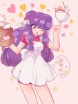  1girl apron balancing blush bowl breasts china_dress chinese chinese_clothes double_bun fang hair_ribbon long_hair miyako_(xxxbibit) open_mouth purple_hair ranma_1/2 red_eyes ribbon shampoo_(ranma_1/2) smile solo translated wink 