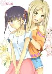  2girls :d bare_shoulders black_hair blonde_hair brown_eyes casual copyright_name flower hands_on_shoulders jewelry lily_(flower) long_hair matsurika_(j297021302) minami_shizuku multiple_girls necklace noda_kotone open_mouth sakura_trick scrunchie short_twintails smile t-shirt twintails v_arms violet_eyes 