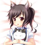  1girl :o animal_ears bed_sheet blush brown_eyes brown_hair cat cat_ears looking_at_viewer open_mouth psyche3313 sakai_wakana short_hair tari_tari 