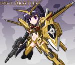  1girl :&lt; akatsuki_(log_horizon) akatsuki_gundam armor beam_rifle character_name elbow_gloves energy_gun fingerless_gloves gloves gun gundam gundam_seed gundam_seed_destiny log_horizon long_hair mecha_musume midriff namesake navel ponytail purple_hair shield solo superhamasuke violet_eyes weapon wings 