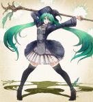  1girl adapted_costume anklet blue_eyes boots cosplay dark_souls hat hatsune_miku high_heels jacket jewelry long_hair purple_hair shadow skirt smile solo staff standing thigh_boots thighhighs twintails very_long_hair vocaloid witch_beatrice witch_beatrice_(cosplay) witch_hat 