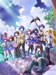  4boys 5girls absurdres angel_beats! axe char_(angel_beats!) goggles goggles_on_head highres hinata_(angel_beats!) hisako_(angel_beats!) iwasawa jumpsuit megaphone multiple_boys multiple_girls noda_(angel_beats!) ooyama_(angel_beats!) pantyhose polearm scarf school_uniform serafuku shiina_(angel_beats!) stairs tazu thighhighs weapon yuri_(angel_beats!) yusa_(angel_beats!) 