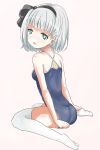  1girl blue_eyes blush bob_cut competition_school_swimsuit flower from_behind hair_flower hair_ornament hair_ribbon hand_on_ass highres konpaku_youmu looking_back open_mouth ribbon school_swimsuit silver_hair solo swimsuit thighhighs touhou white_legwear zx0602 