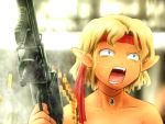  1girl bandana bare_shoulders blonde_hair blurry bullet bust collarbone commentary_request depth_of_field emerald green_eyes gun jewelry looking_away machine_gun mizuhashi_parsee necklace open_mouth pointy_ears rambo shirosato short_hair smoke solo sweat sweating sweating_profusely touhou weapon 