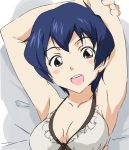  1girl armpits arms_up blue_hair blush breasts brown_eyes bust looking_at_viewer open_mouth short_hair smile solo umanosuke 