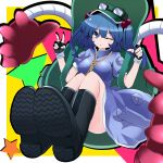  1girl :o backpack bag blue_eyes blue_hair boots breasts fingerless_gloves gloves goggles_on_hat hair_bobbles hair_ornament hat highres kawashiro_nitori rihito_(usazukin) robotic_arms solo touhou v wink 