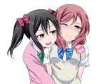  2girls black_hair blush bow flo hair_bow love_live!_school_idol_project multiple_girls nishikino_maki open_mouth red_eyes short_hair simple_background twintails violet_eyes white_background wince yazawa_nico yuri 