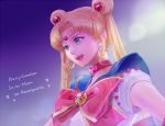  1girl 30 alternate_eye_color bishoujo_senshi_sailor_moon blonde_hair blue_background bow brooch choker copyright_name double_bun earrings green_eyes hair_ornament hairpin jewelry long_hair magical_girl ribbon sailor_collar sailor_moon sailor_moon_musical smile solo tiara tsukino_usagi twintails 