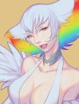  1girl bare_shoulders breasts canonfalao choker cleavage dress feathers highres kill_la_kill kiryuuin_ragyou low_neckline orange_eyes parted_lips rainbow_hair simple_background white_dress white_hair 