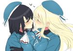  2girls atago_(kantai_collection) black_hair blonde_hair blush breasts gloves hat heart highres incipient_kiss kantai_collection large_breasts long_hair multiple_girls personification red_eyes rough short_hair takao_(kantai_collection) tyaka white_background 