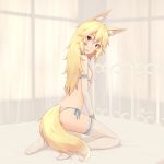  1girl adam700403 animal_ears blonde_hair bra choker fox_ears fox_tail highres looking_back panties side-tie_panties sitting small_breasts smile solo strap_gap tail thighhighs underwear underwear_only violet_eyes white_bra white_legwear white_panties yokozuwari 