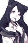  1girl animal_ears bow fingernails imaizumi_kagerou jewelry junwool licking_hand long_fingernails long_hair long_sleeves looking_at_viewer monochrome simple_background sketch smile solo tongue tongue_out touhou white_background wide_sleeves wolf_ears 