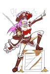  !! 1girl banana_peel boots bow box captain_liliana cutlass_(sword) frills hat hat_bow highres jolly_roger knee_boots long_coat miniskirt one_leg_raised pink_eyes pink_hair pirate pirate_hat pointing pointing_forward queen&#039;s_blade skirt skull_and_crossed_swords solo triple-q 