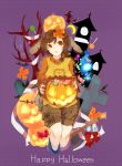  1girl axe blood broom broom_riding brown_hair candy chie_(lcddem) cross halloween highres lcddem looking_at_viewer pumpkin short_hair shorts solo theta_(pixiv) turtleneck weapon witch yellow_eyes 