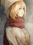  1girl beanie blonde_hair bokumaru brown_eyes hat highres kagerou_project kisaragi_momo long_hair scarf smile snowing solo 