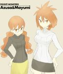  2girls amber_eyes azusa_(pokemon) character_name copyright_name glasses hand_on_hip long_hair low-tied_long_hair mayumi_(pokemon) miniskirt multiple_girls official_style orange_hair pokemon pokemon_(game) pokemon_rse short_hair siblings sisters skirt smile souji sweater twintails 