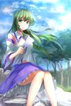  1girl blue_sky blush breasts clouds detached_sleeves frog_hair_ornament gohei green_eyes green_hair hair_ornament hair_tubes highres hizagawa_rau kochiya_sanae lips long_hair rock sitting skirt sky smile snake_hair_ornament solo touhou tree 