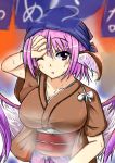  1girl animal_ears arm_up blush breasts hand_on_forehead head_scarf highres japanese_clothes large_breasts mystia_lorelei okamisty pink_hair short_hair solo steam sweat touhou wings wink 