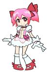  blush bubble_skirt choker flat_chest gloves grey_background highres kaname_madoka kneehighs magical_girl mahou_shoujo_madoka_magica panty_&amp;_stocking_with_garterbelt parody pink_eyes pink_hair puffy_short_sleeves puffy_sleeves short_sleeves short_twintails smile soul_gem style_parody triple-q twintails white_gloves 