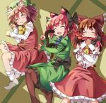  3girls :3 animal_ears blush bow braid brown_hair cat_ears cat_tail chen closed_eyes crossed_arms detached_sleeves dorowa_no_hito dress earrings extra_ears fangs hair_bow hakurei_reimu hat highres jewelry kaenbyou_rin long_hair lying mouth_hold multiple_girls multiple_tails on_back open_mouth redhead short_hair socks tail touhou twin_braids 