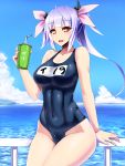  1girl bare_shoulders blue_hair blush breasts clothed_navel fang hair_ribbon highres i-19_(kantai_collection) ishimura_(ishimura-ya) kantai_collection large_breasts long_hair looking_at_viewer one-piece_swimsuit open_mouth personification purple_hair red_eyes ribbon school_swimsuit skin_tight solo swimsuit twintails 