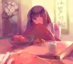  1girl food glass kotatsu long_hair original solo table 