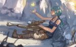  1girl 2014 artist_name boots butterfly dated green_eyes green_hair gun hatsune_miku jewelry long_hair necklace rifle sitting solo tank_top tommy830219 vocaloid weapon 