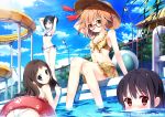  4girls ball beachball bikini bikini_skirt black_hair blue_eyes brown_eyes brown_hair chain-link_fence glasses hat innertube kaho_okashii kuriyama_mirai kyoukai_no_kanata long_hair multiple_girls nase_izumi nase_mitsuki ponytail pool red_eyes shindou_ai short_hair sitting swimsuit water water_slide 