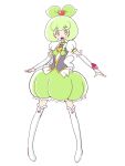  1girl :d alternate_costume arm_warmers bakusai boots bow brooch bubble_skirt choker green_eyes green_hair green_skirt hair_bow happinesscharge_precure! jewelry magical_girl open_mouth precure puffy_sleeves queen_mirage short_hair skirt smile solo standing thigh_boots thighhighs what_if white_background white_legwear 
