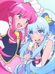  2girls aino_megumi blue_eyes blue_hair blush crown cure_lovely cure_princess happinesscharge_precure! long_hair magical_girl multiple_girls naruko_(nalcoro) open_mouth pink_eyes pink_hair precure shirayuki_hime skirt twintails 