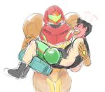  1boy 1girl angry arm_cannon artist_request blush boxing_gloves carrying female full-face_blush gloves little_mac male metroid nintendo power_suit princess_carry punch-out!! role_reversal samus_aran super_smash_bros. varia_suit weapon 