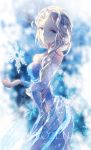  1girl bare_shoulders blonde_hair blue_eyes braid domotolain dress elsa_(frozen) frozen_(disney) highres long_hair looking_at_viewer see-through snowflakes solo strapless_dress 