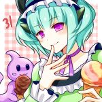  1girl amelit aqua_hair astaroth_(p&amp;d) bust chisa food hairband horns ice_cream looking_at_viewer plaid plaid_background puzzle_&amp;_dragons short_hair smile violet_eyes 