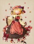  1girl aki_minoriko alternate_hairstyle apron arinu autumn_leaves blonde_hair bow closed_eyes corset embellished_costume food fruit grapes grey_background hair_bun hat hat_bow highres juliet_sleeves long_sleeves open_mouth puffy_sleeves shirt skirt smile solo touhou twintails waist_apron wide_sleeves 